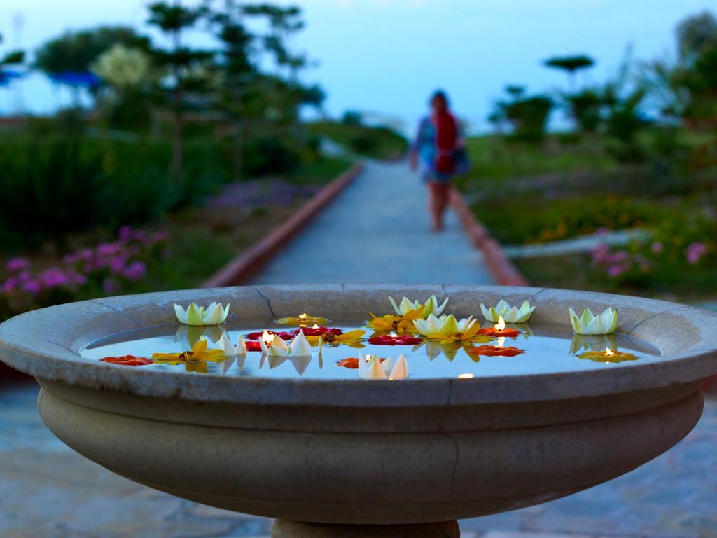 Ūdens strūklaka ar ziediem un sveču gaismām, kas piešķir mierīgu atmosfēru dārzā. Fona ainavā redzams ceļš, kas ved uz ainavisku apkārtni.