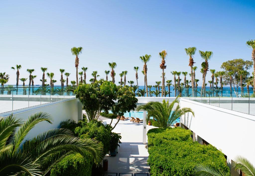 The GrandResort Limassol Cyprus skats uz baseinu un palmu kokiem piekrastē.