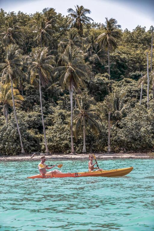 Divi cilvēki, kas airē laivu, peldot skaidrā ūdenī blakus palmām un zaļai veģetācijai. Ideāla ainava atpūtai pie jūras.