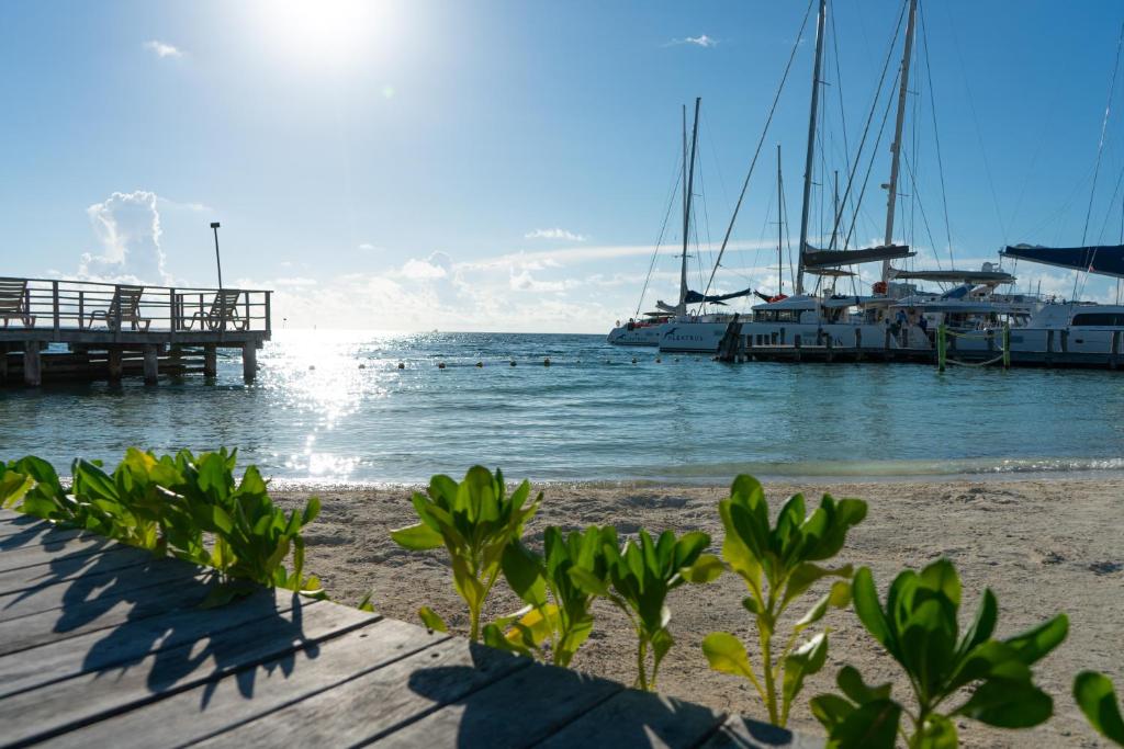 Skats uz Cancun Bay Resort piekrastē ar kuģiem un saules gaismu