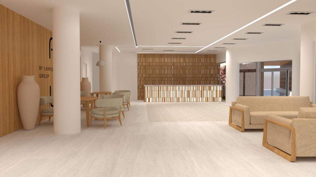 Mūsdienīga viesnīcas uzgaidāmā telpa ar elegantu interjeru, koka akcentiem un ērtiem mēbeļu komplektiem. Gaisma un telpas plūsma rada patīkamu un relaksējošu atmosfēru.