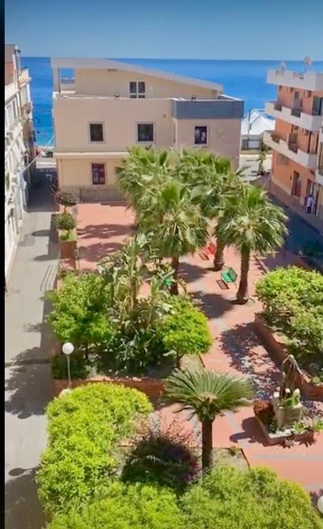 Zaļš dārzs ar palmām un soliņiem, kas atrodas pie jūras, veido mierīgu un relaksējošu atmosfēru. Apburoša ainava ar ziediem un izkārtotiem stādījumiem.