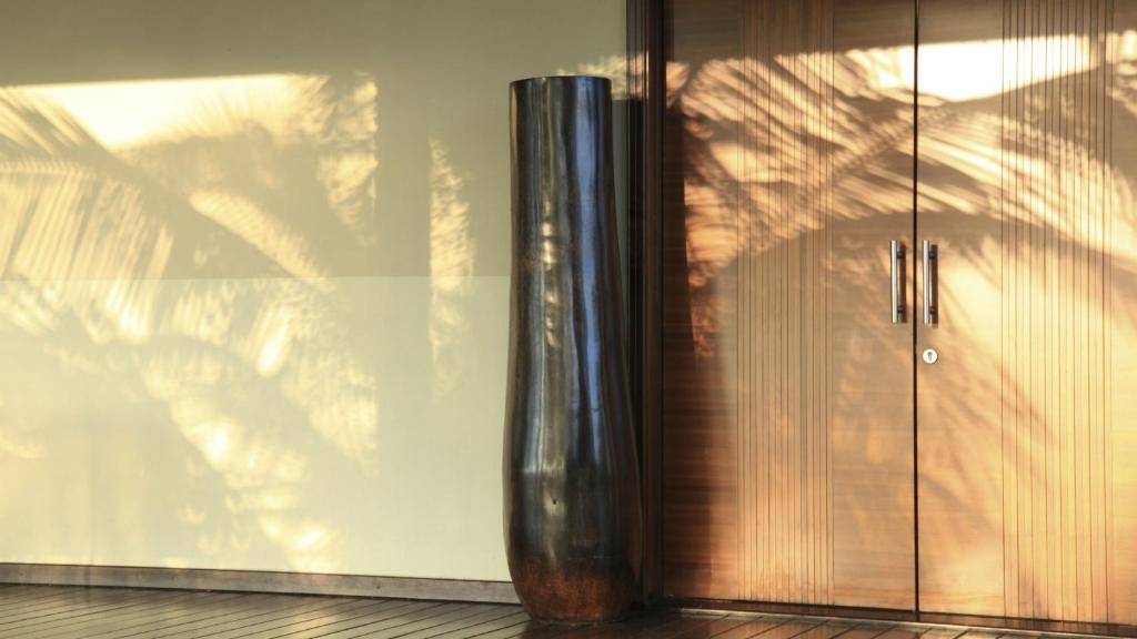Mūsdienīgs interjera elements ar metāla vāzi, kas atspoguļo palmu ēnas uz koka durvīm, radot siltu un viesmīlīgu atmosfēru.