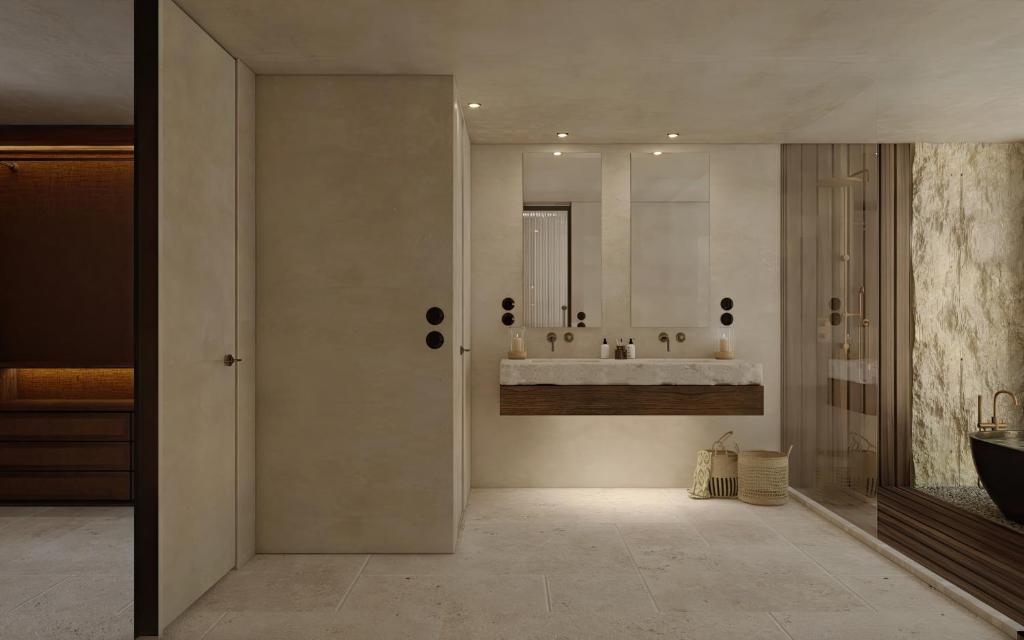 Mūsdienīga vannas istaba OKU Bodrum ar elegantu dizainu un dabīgiem materiāliem.