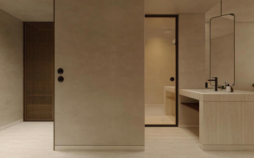 Mūsdienīgs vannasistabas dizains hotelī OKU Bodrum, ar elegantu apdari.