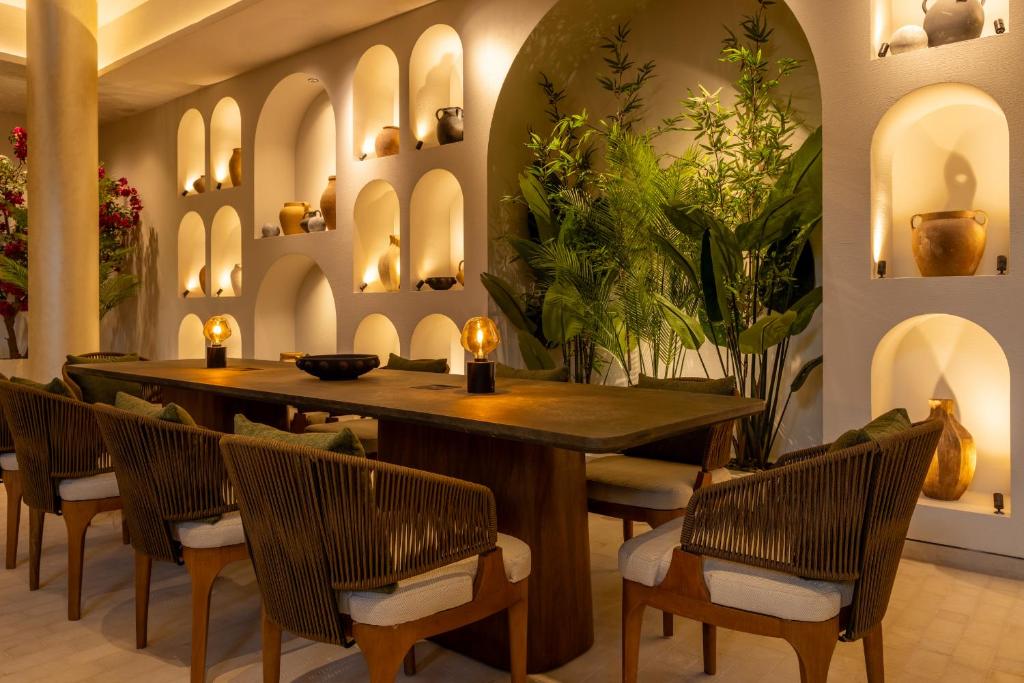 Desert Rose Resort elegant dining area with ambient lighting.