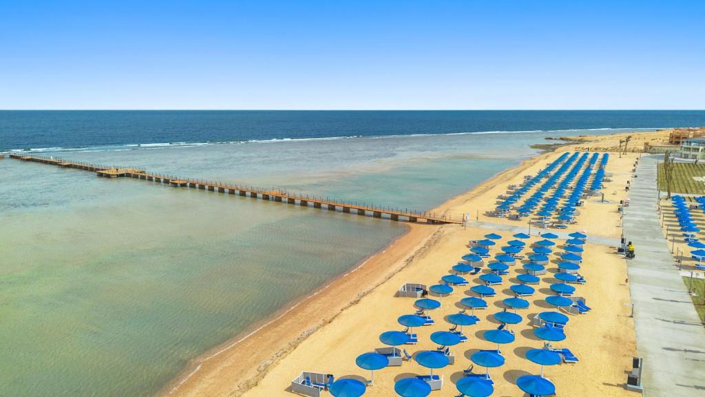 Pludmales skats ar ziliem saulessargiem un koka molu, kas stiepjas uz jūru. Šis attēls atspoguļo mierīgu un saulainu piekrastes ainu, ideālu atpūtai.