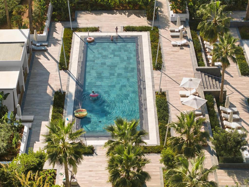 Grecotel Lux Me White Palace peldbaseins ar palmu kokiem un sauļošanās krēsliem.