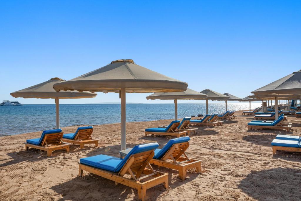 Pludmale ar sauļošanās krēsliem pie Albatros Aqua Blu Resort