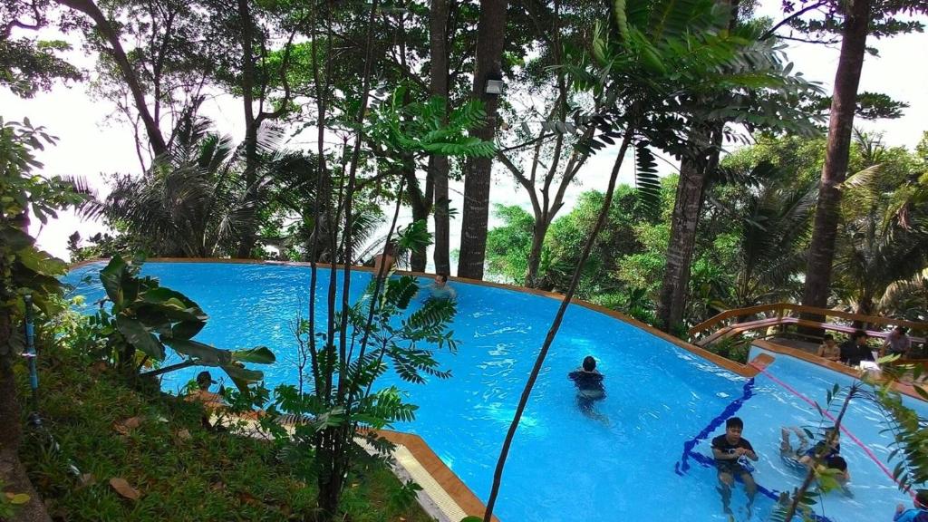 Peldbaseins ar zilu ūdeni, ko ieskauj zaļi augi un koki, ar cilvēkiem, kas atpūšas un peld. Šī ainava piedāvā relaksējošu atmosfēru dabā.