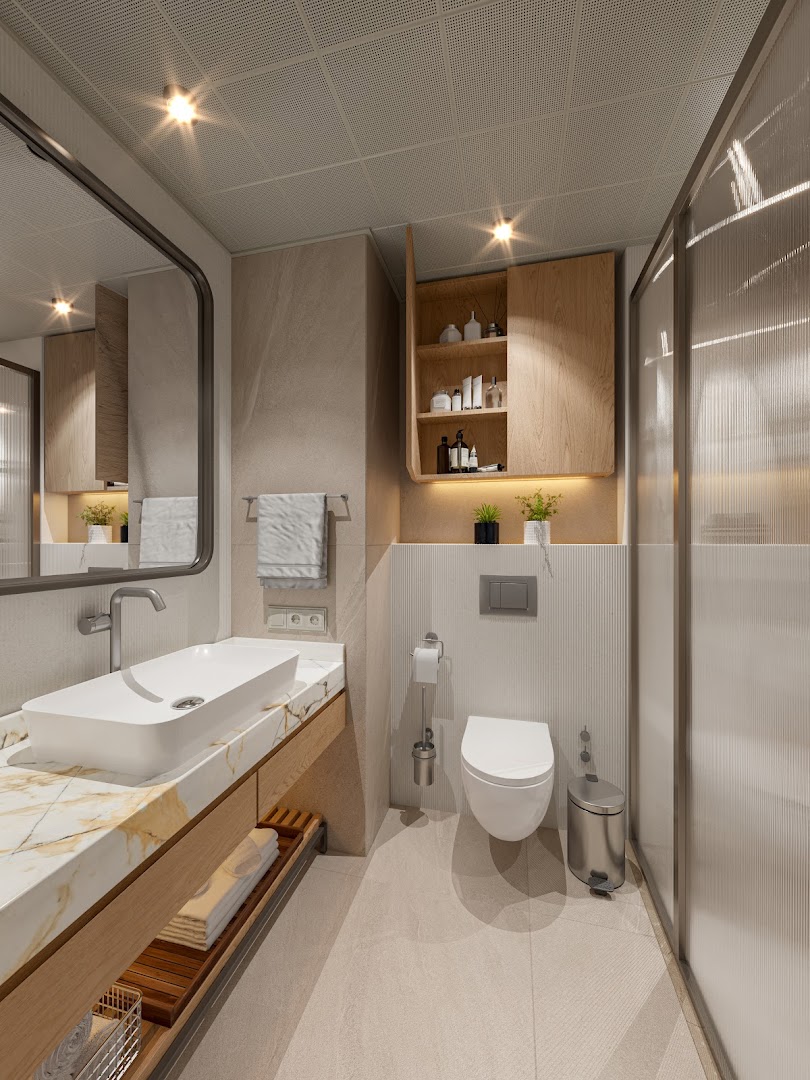 Numa Bay Exclusive Hotel numura vannas istaba ar modernu dizainu, koka elementiem, iebūvētu apgaismojumu un stikla dušas kabīni