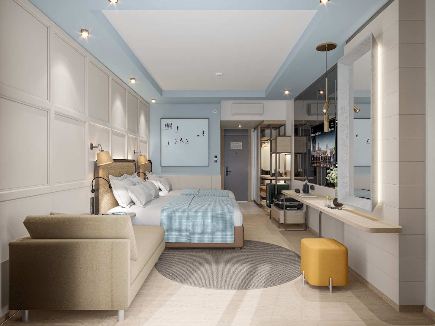 Numa Bay Exclusive Hotel moderns divvietīgs numurs ar gaišu interjeru, atpūtas zonu un dīvānu Alanjas kūrortā