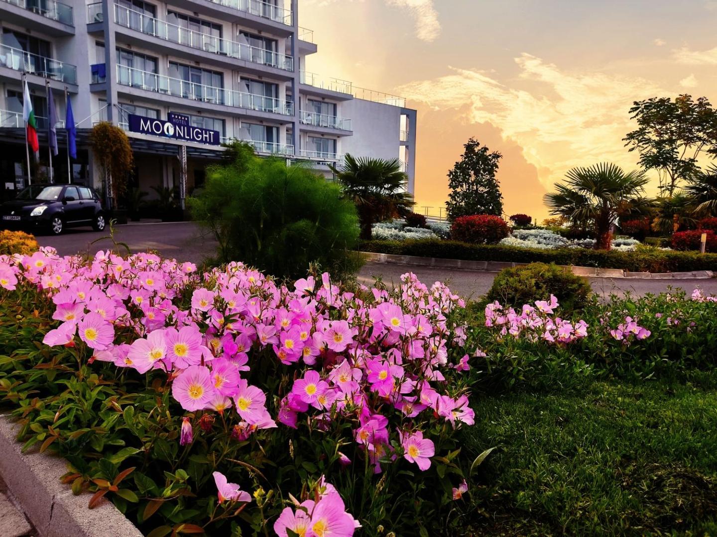 Moonlight Hotel ieeja saulrieta laikā ar ziedošām puķu dobēm priekšplānā un viesnīcas fasādi fonā Sveti Vlasā, Bulgārijā
