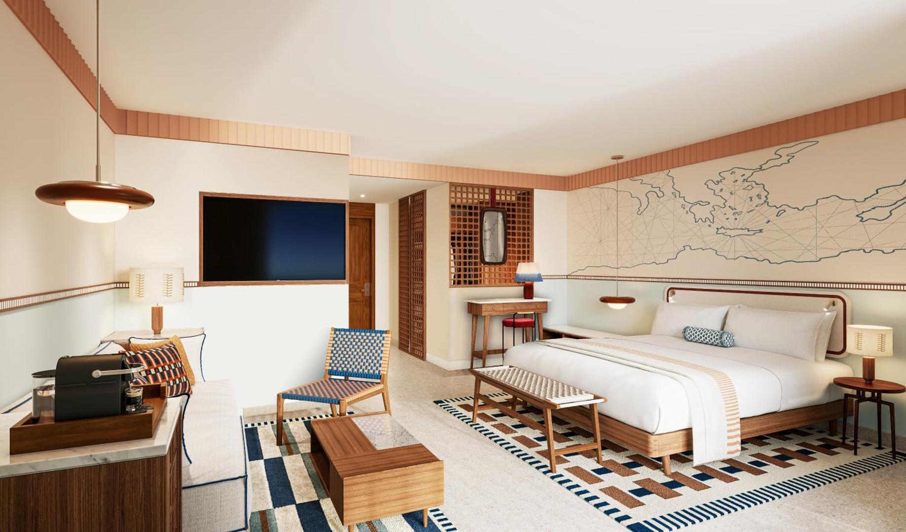 Vasia Hotel & Spa moderns numurs ar dizaina mēbelēm, sienas kartes dekoru un atpūtas zonu Krētā