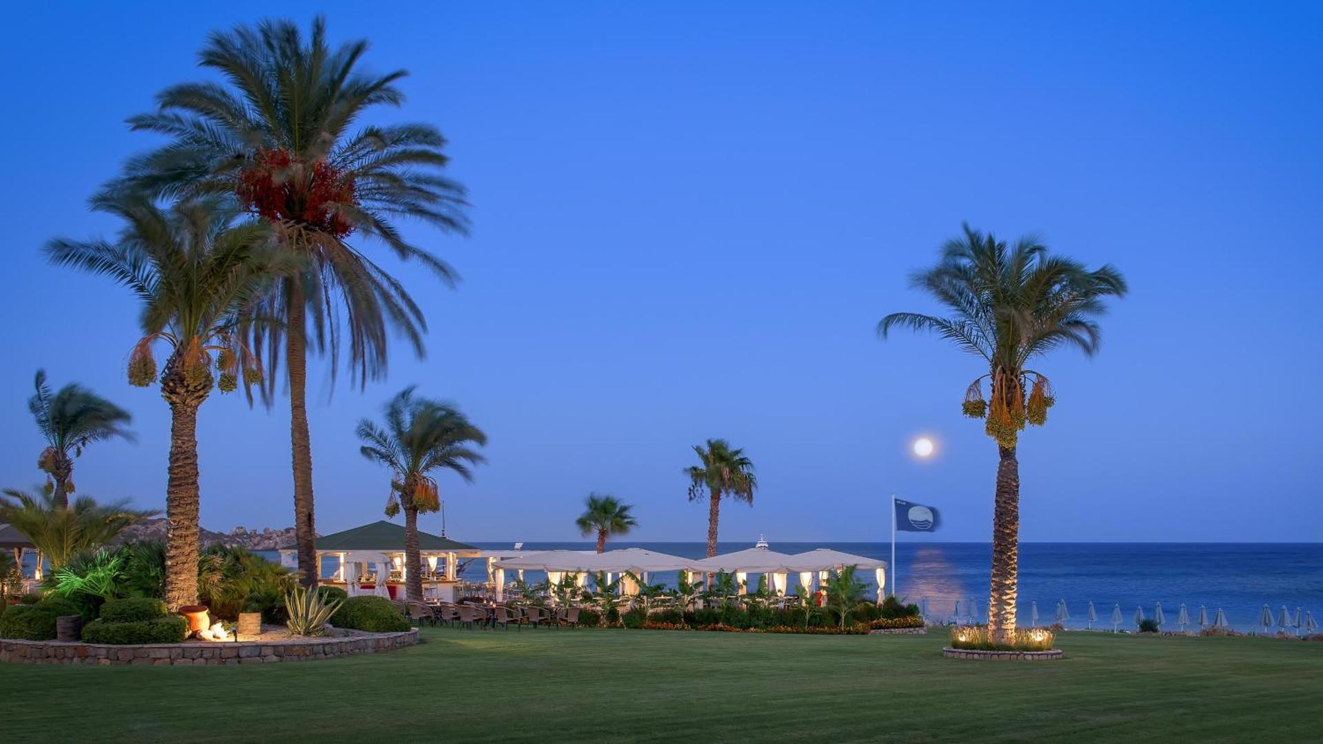 Rodos Palladium Leisure & Wellness dārzs vakara gaismās ar palmām un āra bāru pie jūras piekrastes zem skaidrām debesīm