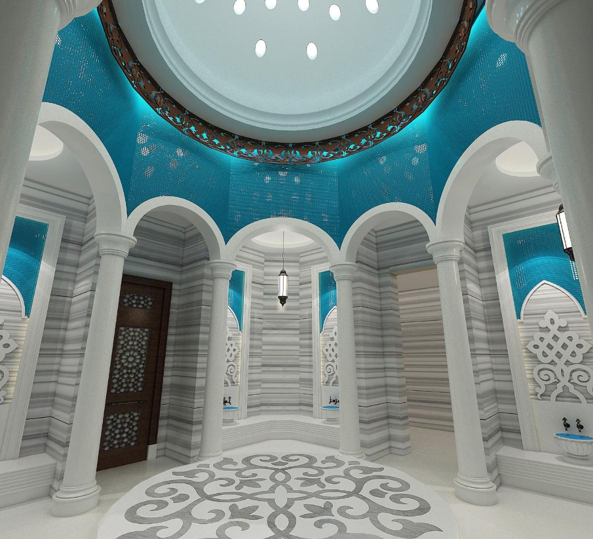 Sueno Hotels Deluxe Belek tradicionāls turku hamams ar marmora apdari, zilām mozaīkām un kupolveida griestiem spa centrā