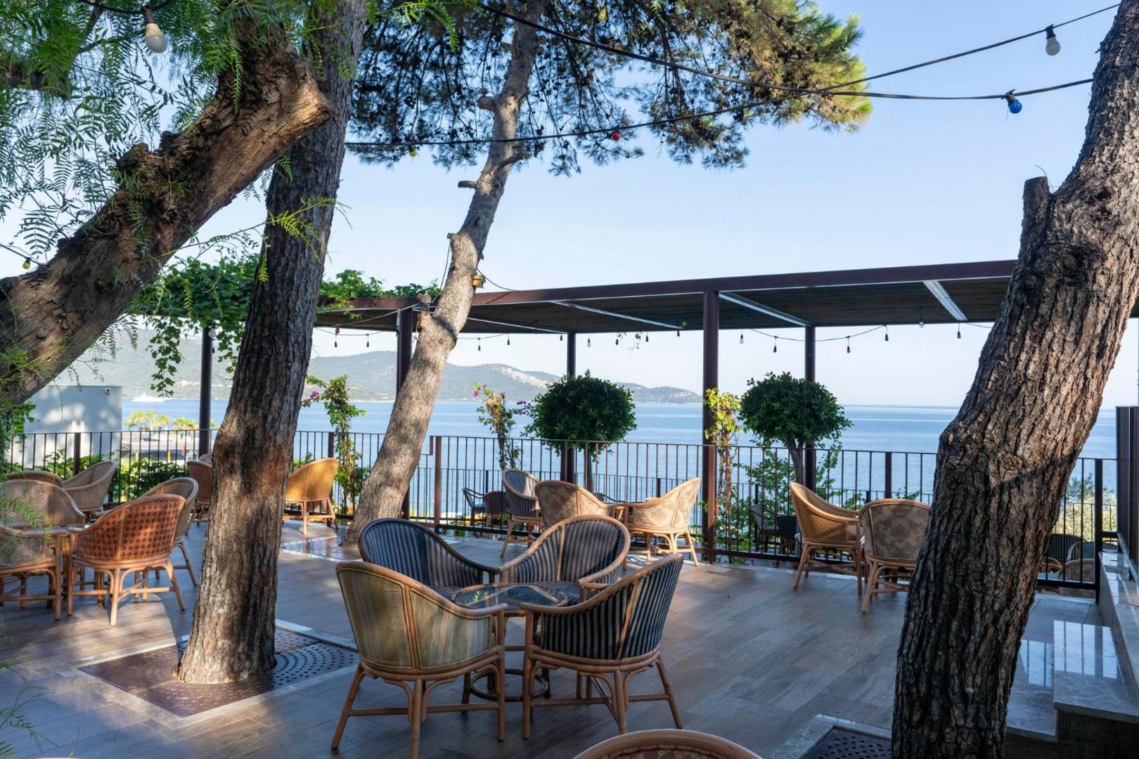 Blue Dreams Resort & Spa āra terase ar pītiem krēsliem priežu pavēnī un skatu uz Egejas jūru Bodrumas piekrastē