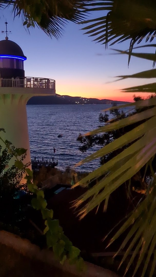 Rixos Premium Bodrum skats uz jūru saulrietā no bākas terases — palmu lapas priekšplānā un kalnu silueti pie horizonta