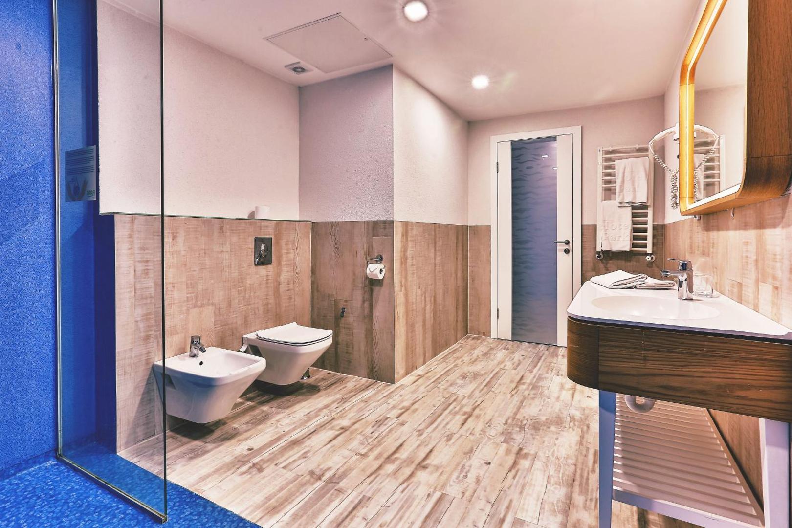 Carine Hotel Park numura vannas istaba ar modernu dizainu, koka elementiem un dušas zonu Melnkalnē