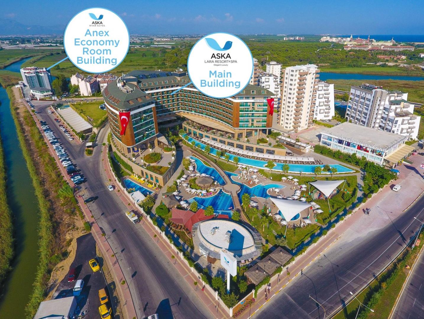Aska Lara Resort & Spa aerofoto ar norādēm uz galveno ēku un Anex korpusu — apkārtnes ainava, ceļi un baseinu izvietojums