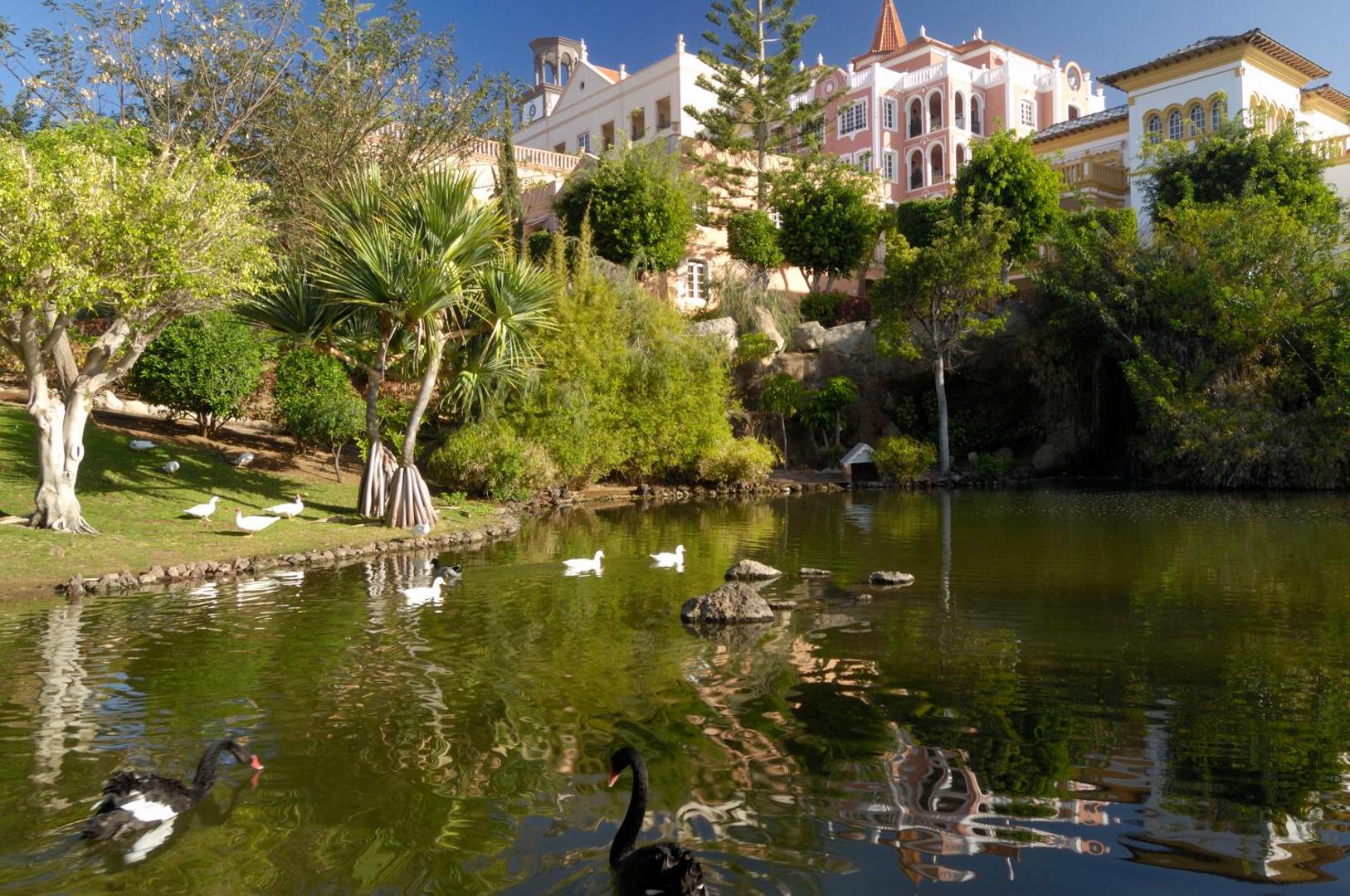 Bahia del Duque dārza dīķis ar melnajiem gulbjiem un pīlēm, ko ieskauj eksotiski augi un viesnīcas ēkas.