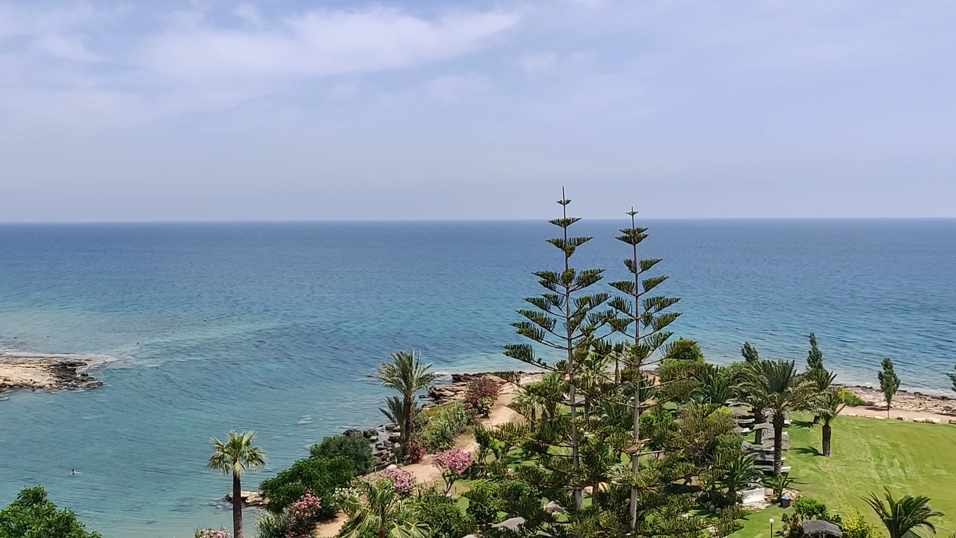 Skats uz Crystal Springs Beach piekrastes līci ar eksotiskiem kokiem, ziedošiem augiem un akmeņainu krastu pie dzidra ūdens