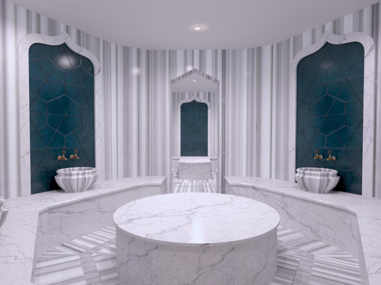 L'ancora Beach Hotel moderns turku hamams ar marmora apdari, centrālo akmens platformu un dekoratīvām zilām flīzēm spa centrā.