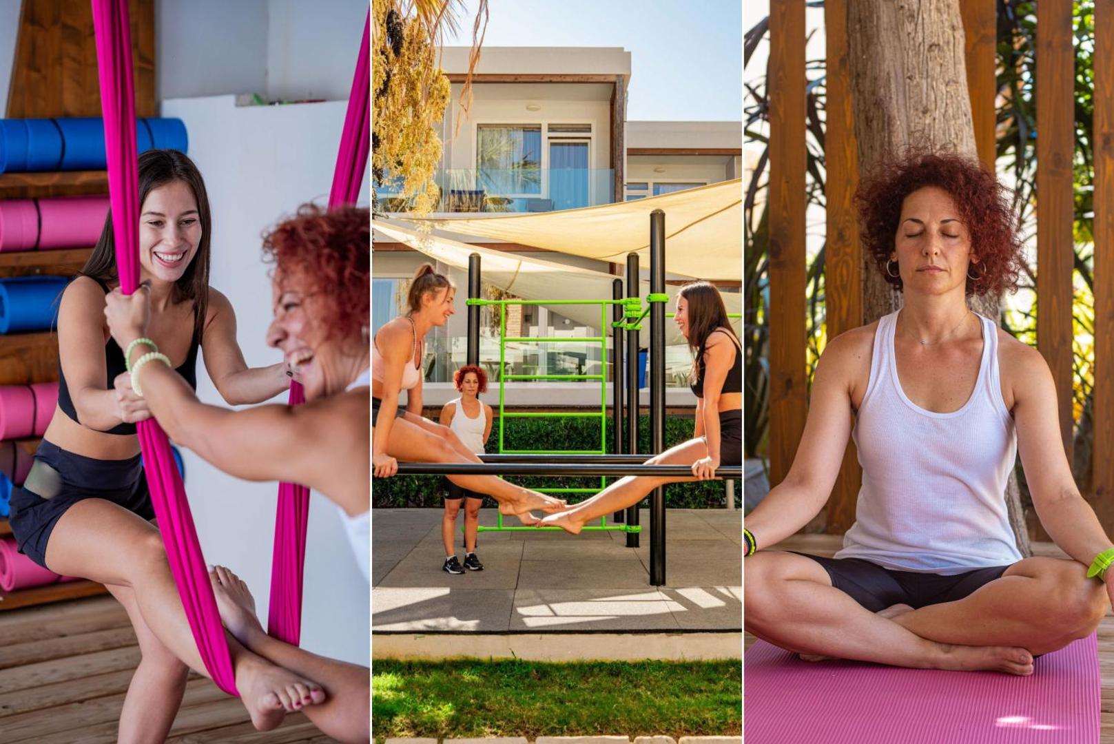 Aelius Hotel and Spa sporta aktivitātes Krētā — jogas nodarbības, āra trenažieri un meditācija viesnīcas dārzā