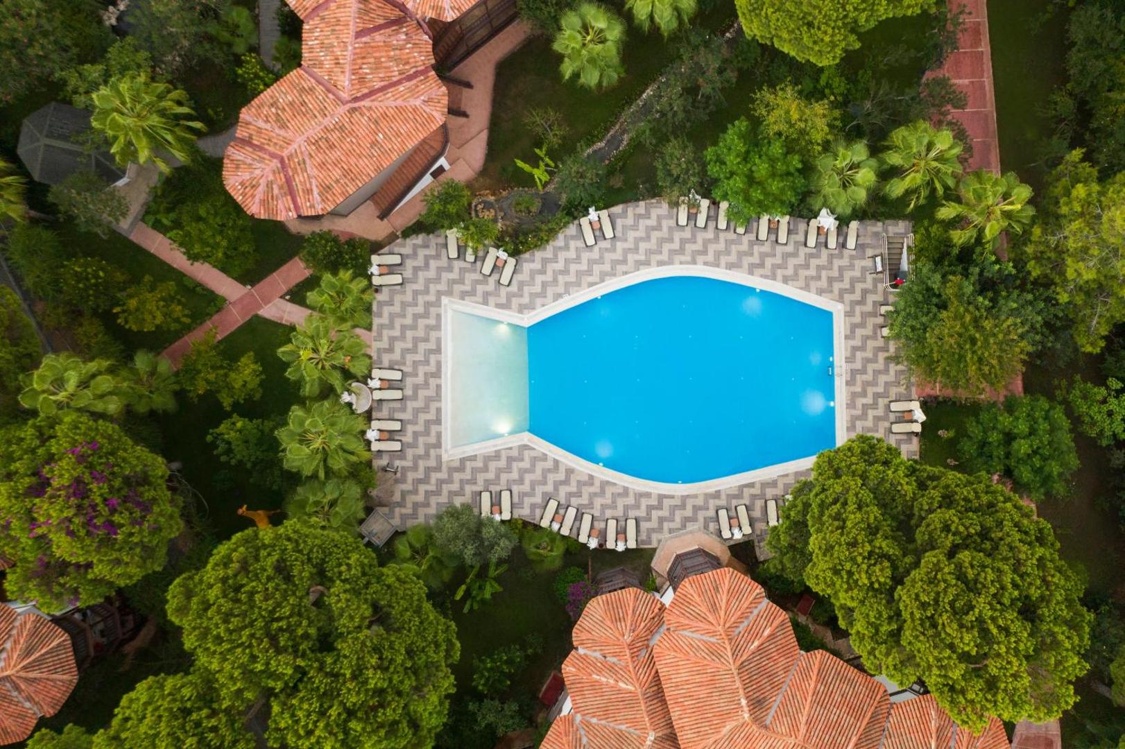 Selectum Family Resort Belek skats no putna lidojuma uz zivs formas āra baseinu, ko ieskauj zaļojošs dārzs un bungalo tipa ēkas.