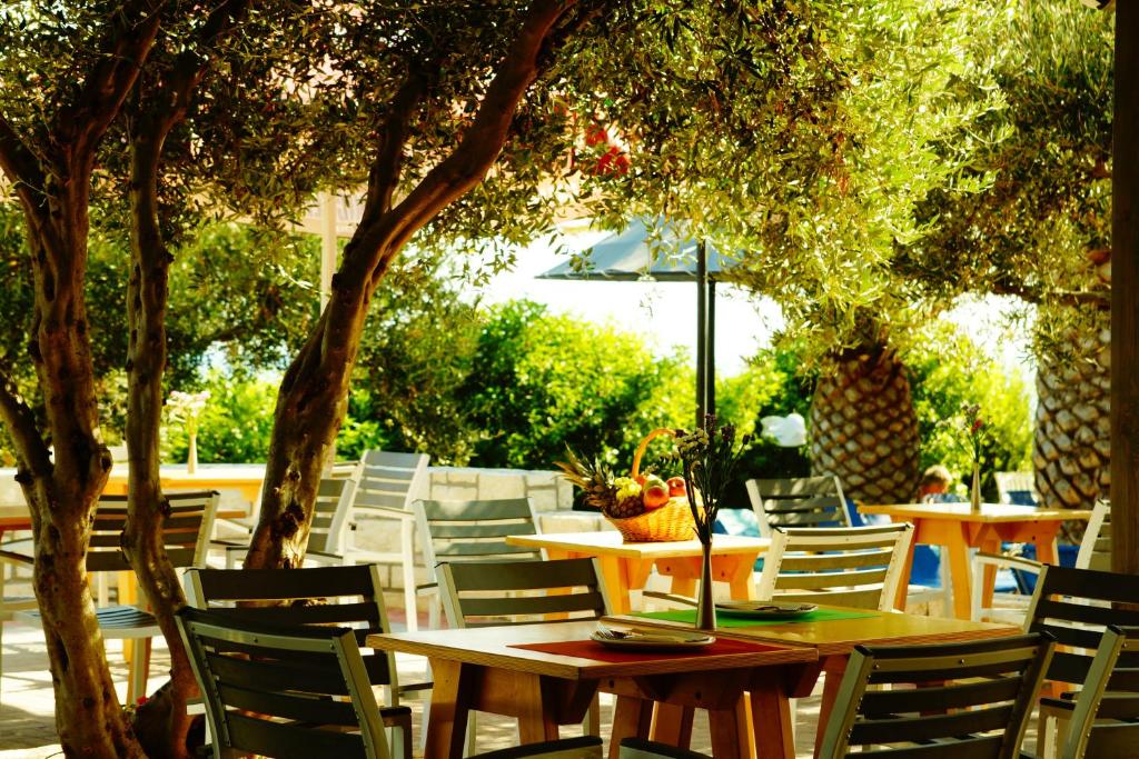 Mediterraneo Hotel terase ar zaļiem kokiem un galdiem