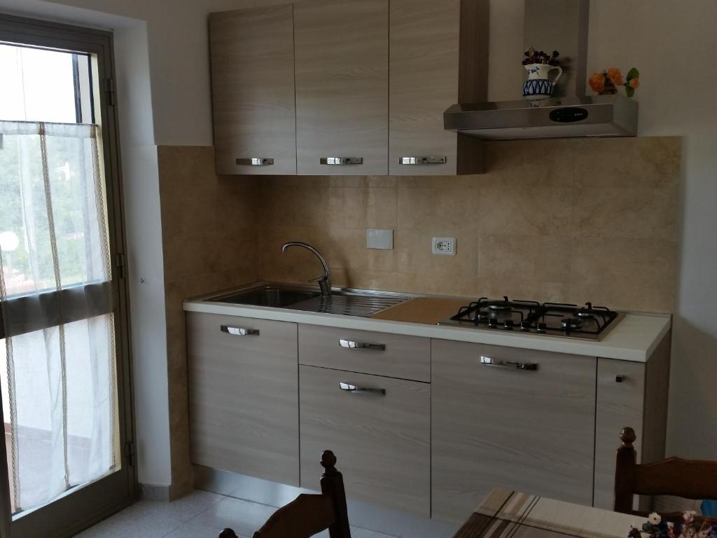 Mūsdienīga virtuve ar koka toņu skapīšiem, metāla izlietni un gāzes plīti, kas izvietota blakus logam. Gaismas interjers rada patīkamu atmosfēru.