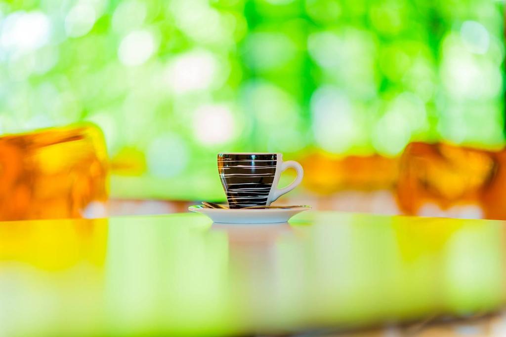 Kafijas krūze ar melnbaltu dizainu uz balta šķīvīša, novietota uz galda ar krāsainu izplūdušu fona, kas rada relaksējošu atmosfēru.