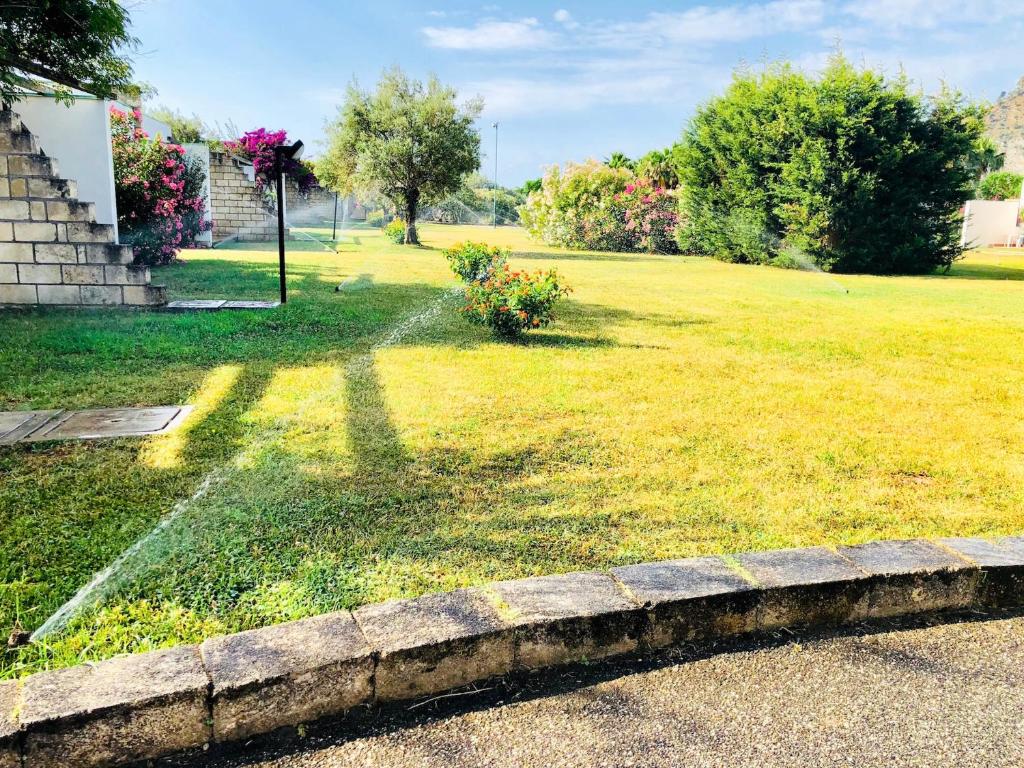 Labi kopts dārzs ar zālienu un krāšņiem ziediem, kas tiek laistīti ar automātisko laistīšanas sistēmu. Skaists ainavas skats ar saulainu laiku un zilo debesu fona.