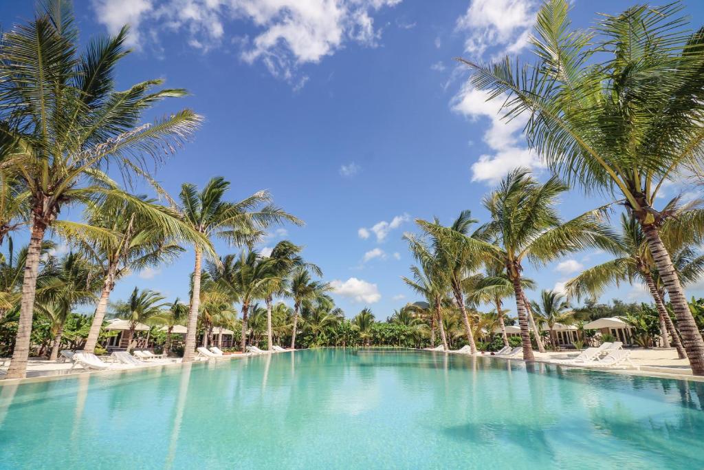 Mwezi Boutique Resort baseins un palmas saulainā dienā