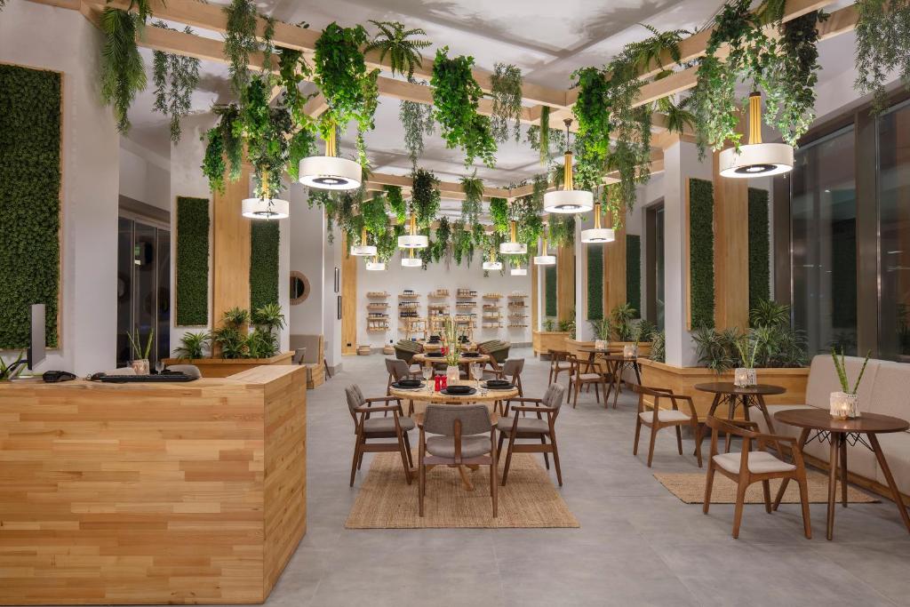 Nirvana Cosmopolitan viesnīcas stilīga uzņemšanas zona ar augu dekorācijām.