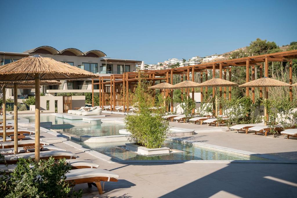 Mūsdienīgs kūrorta baseins ar sauļošanās krēsliem un lapenēm, apkārt augoša veģetācija un skaidras debesis. Ideāla vieta relaksācijai un atpūtai.