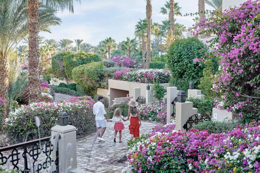Ģimene pastaigājas pa ziedošajiem Four Seasons Resort Sharm El Sheikh dārziem.