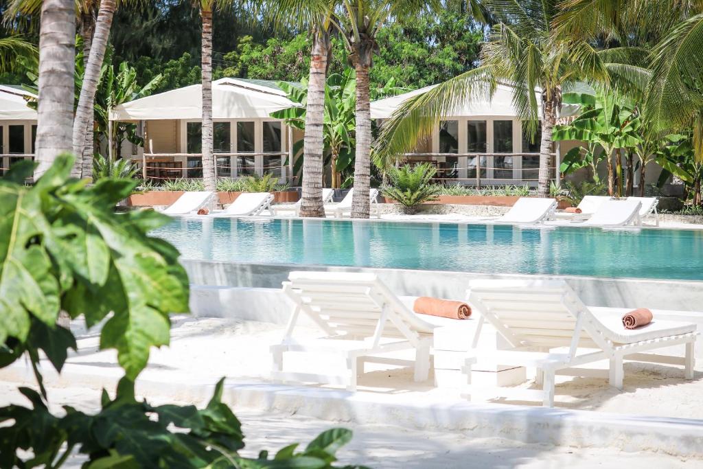 Mwezi Boutique Resort baseins ar palmu ieskautu terasi.