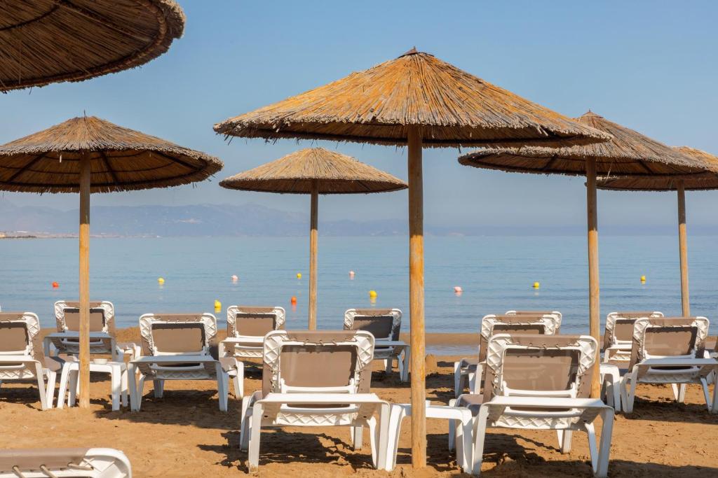 Atpūtas zona pie jūras ar saulessargiem un sauļošanās krēsliem Sol Marina Beach Crete