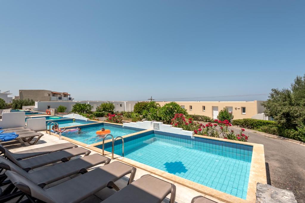 Mediterraneo Hotel peldbaseins ar sauļošanās krēsliem un ziedošiem krūmiem
