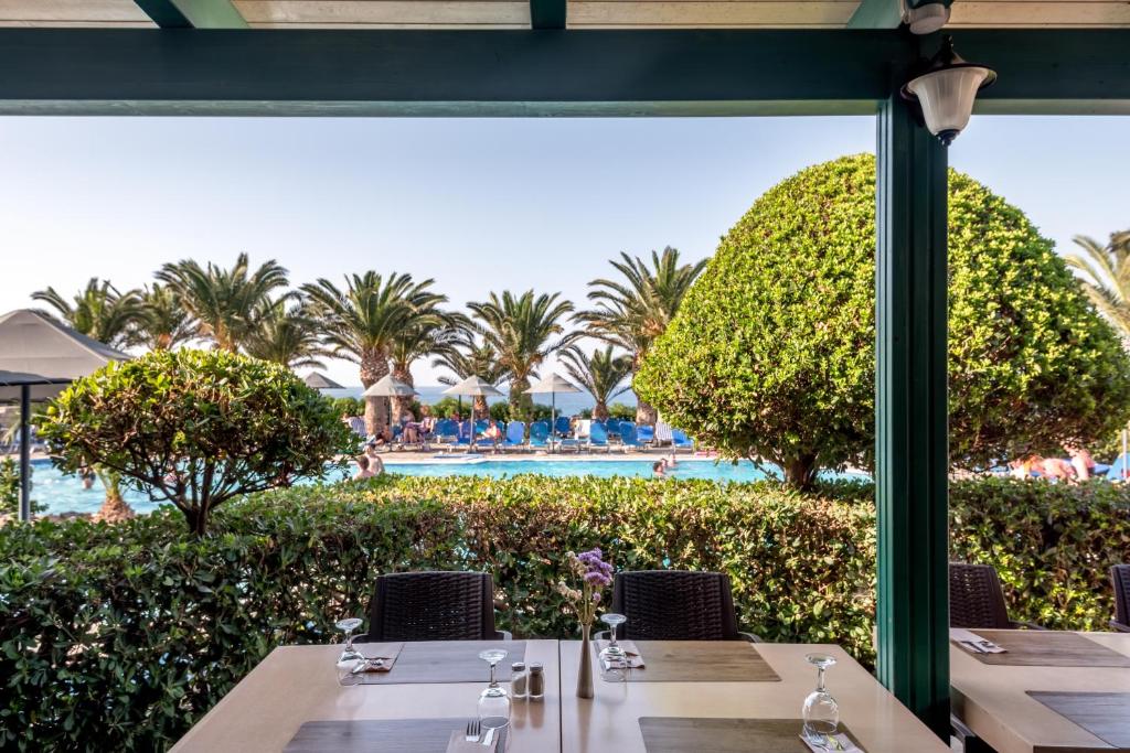 Skats no restorāna uz baseinu un palmu alejām Mediterraneo Hotel