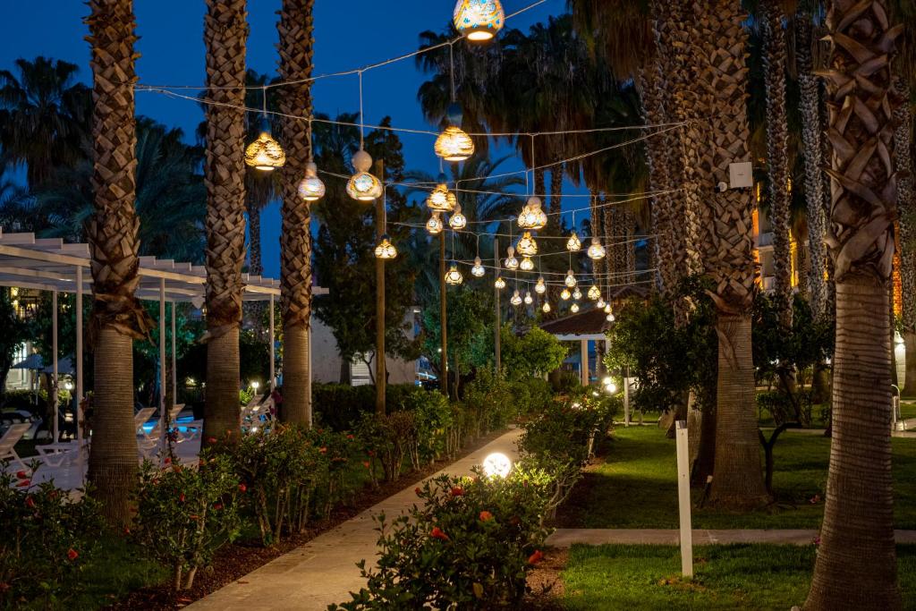 Utopia Resort & Residence apgaismotais dārzs ar palmām naktī.