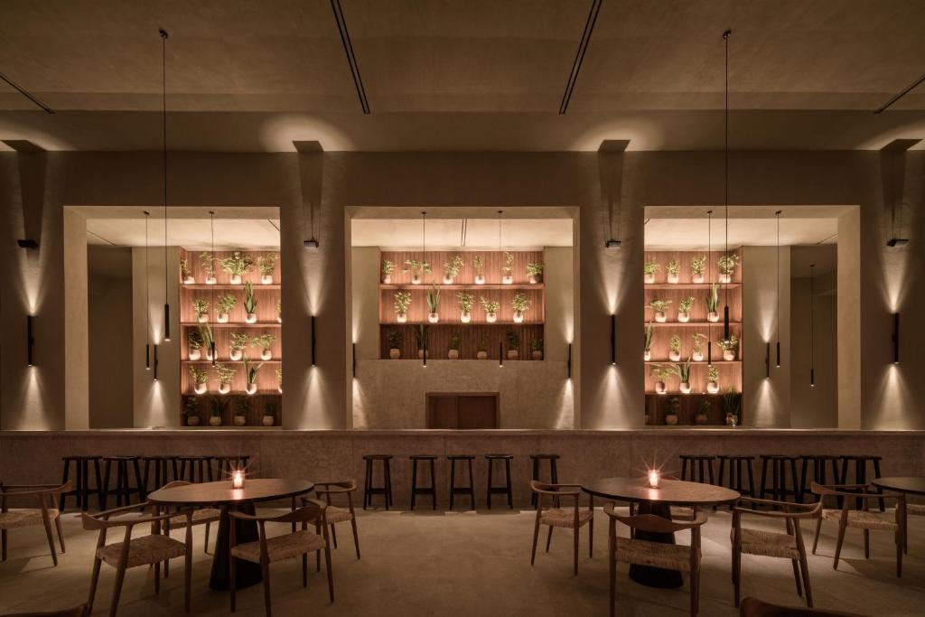 Serry Beach Resort elegantais bārs ar augu dekoru un intīmu apgaismojumu.