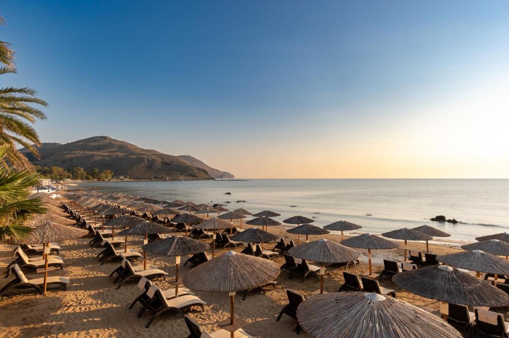 Pludmales skats ar saulessargiem un sauļošanās krēsliem, kas izvietoti smiltīs, ar kalnu fona un mierīgu jūras ūdeni. Ideāla vieta relaksācijai un atpūtai.