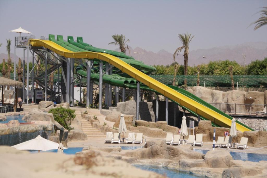 Ūdens slidkalniņš pie Reef Oasis Beach Resort ar baseinu un palmām apkārt.