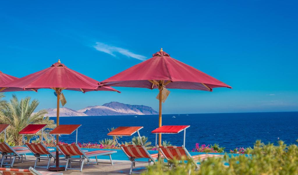 Saules krēslus ar sarkaniem lietussargiem pie Grand Rotana Resort & Spa piekrastē