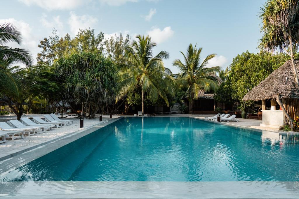 Mwezi Boutique Resort peldbaseins ar palmu ieskautu skatu