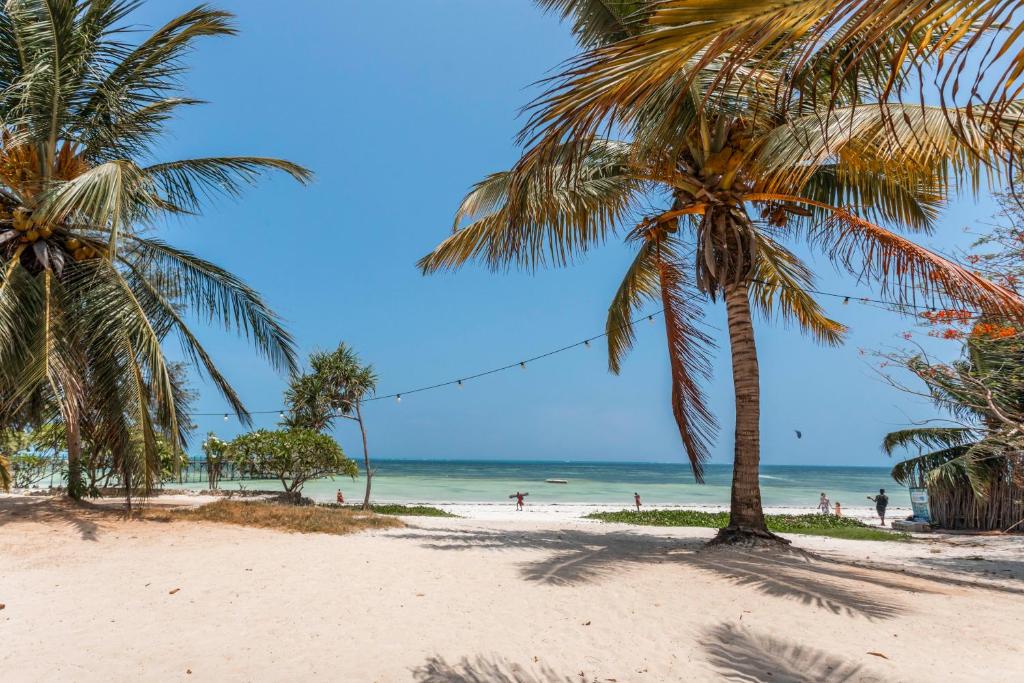 Pludmale pie Fun Beach Zanzibar, palmas un debeszila jūra.