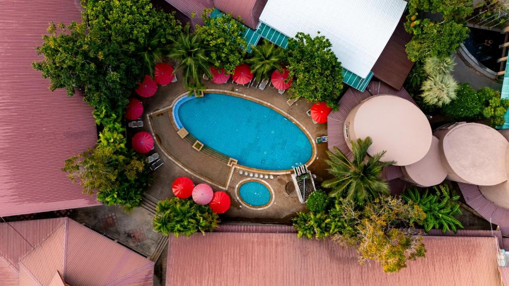 Baseins ar sarkaniem lietussargiem un zaļiem augiem, redzams no augšas. Apkārt baseinam ir koka guļvietas un eksotiski koki.