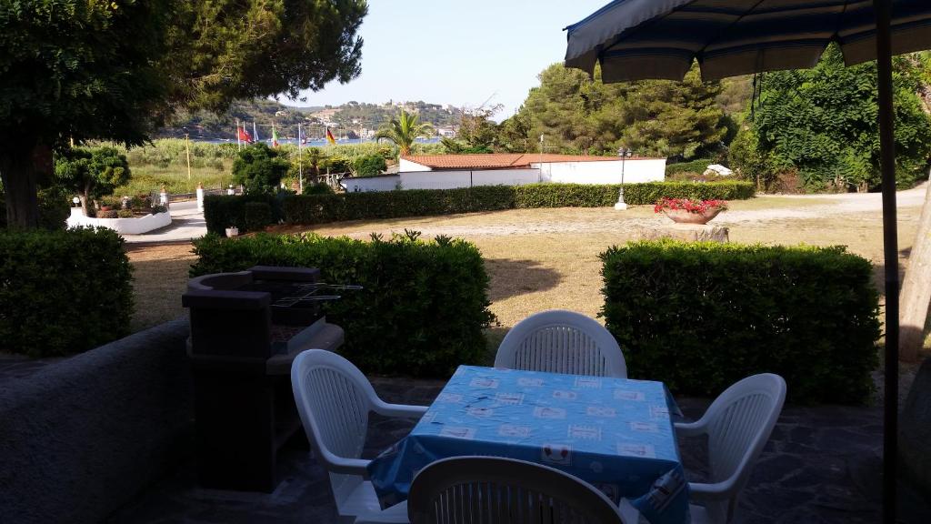 Dārza terase ar galdu un krēslām, kas izvietota zaļā vidē, ar skatu uz zālāju un apkārtējiem kokiem. Fons ietver daļēji apzaļumotu ainavu un ziedus.